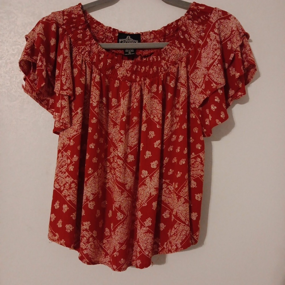 ANGIE Women's  Smocked Blouse Sz. M Red &‎ White Paisley Design on Crinckled...